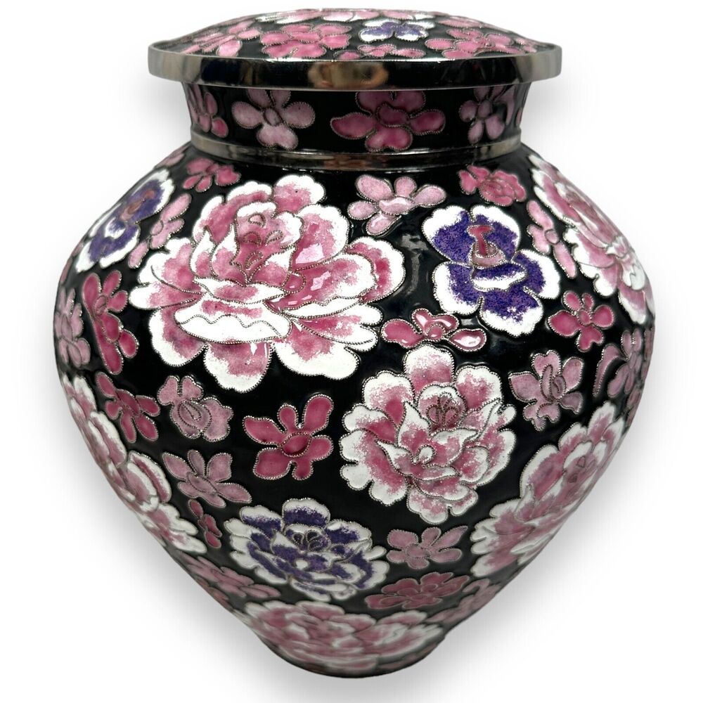 Filigree Cloisonne Funeral Cremation Urn Black Pink Floral for Ashes Large Adult